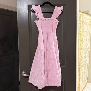 HILL HOUSE HOME Ellie Nap Dress Pink Gingham White Smocked Midi Tiered Size M